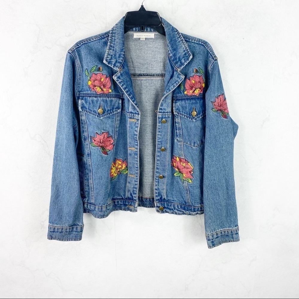 [Honey Punch] Embroidered  Floral Denim Jean Jacket
